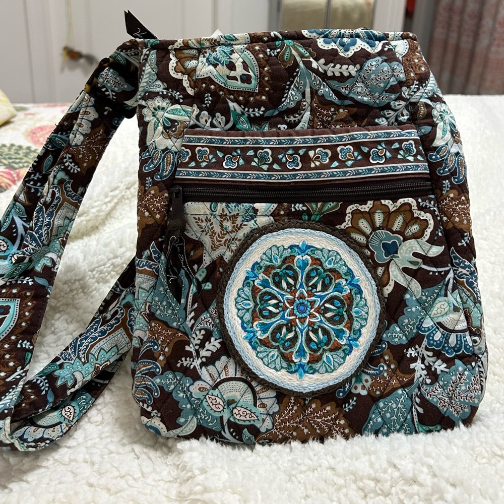 Vera Bradley Upcycled Brown and Teal bag with hand embroidered Mandala patch